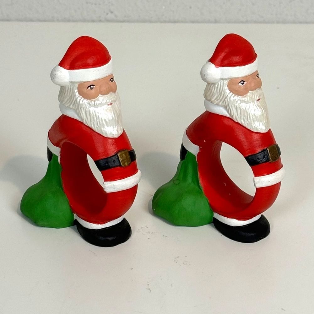 2 Vintage Ceramic Santa Napkin Rings Handmade Painted